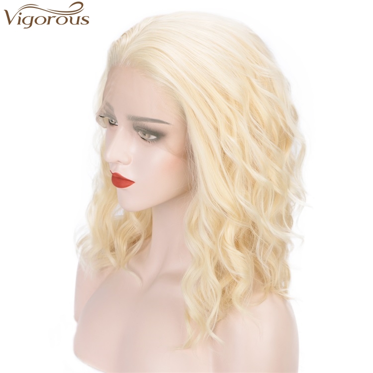 Vigorous High Quality Cosplay White Women Wigs Lace Front Wigs Blonde Heat Resistant Synthetic Short Bob Wavy Wigs