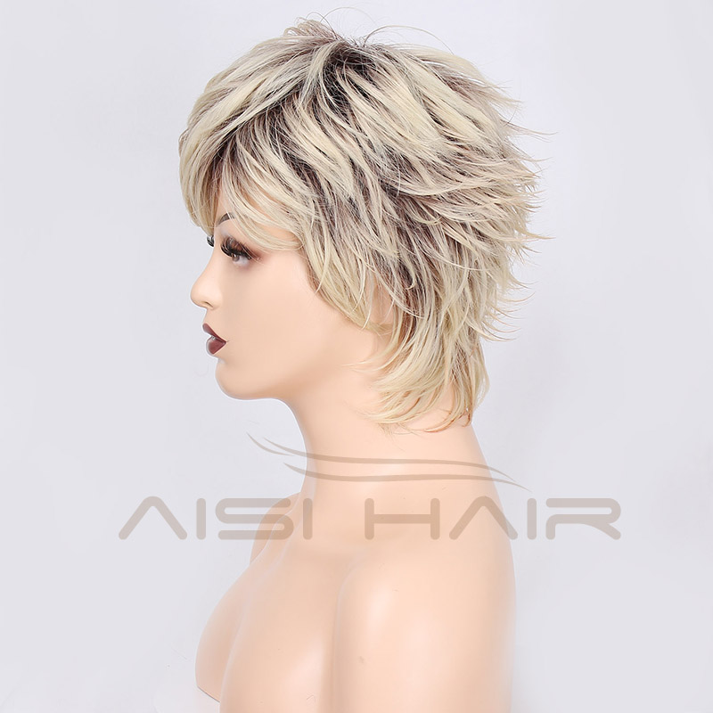 Aisi Hair Wholesale Short Straight Pixie Cut Wigs With Brown Roots For Women Ombre Blonde Heat Resistant Cheap Wig