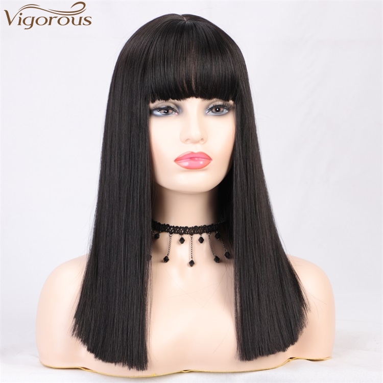 Vigorous High Temperature Wholesale Price  Cheap Long Silky Straight Black with Flat Bangs Synthetic Hair Wigs for Black Women