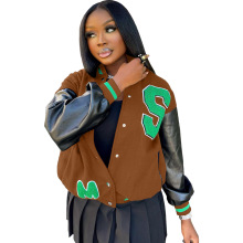 Trendy Women's Winter Leather Sleeve Bomber Jacket with Embroidery and Patchwork