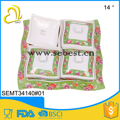 safely used melamine square 4 compartments fruit food tray with cover