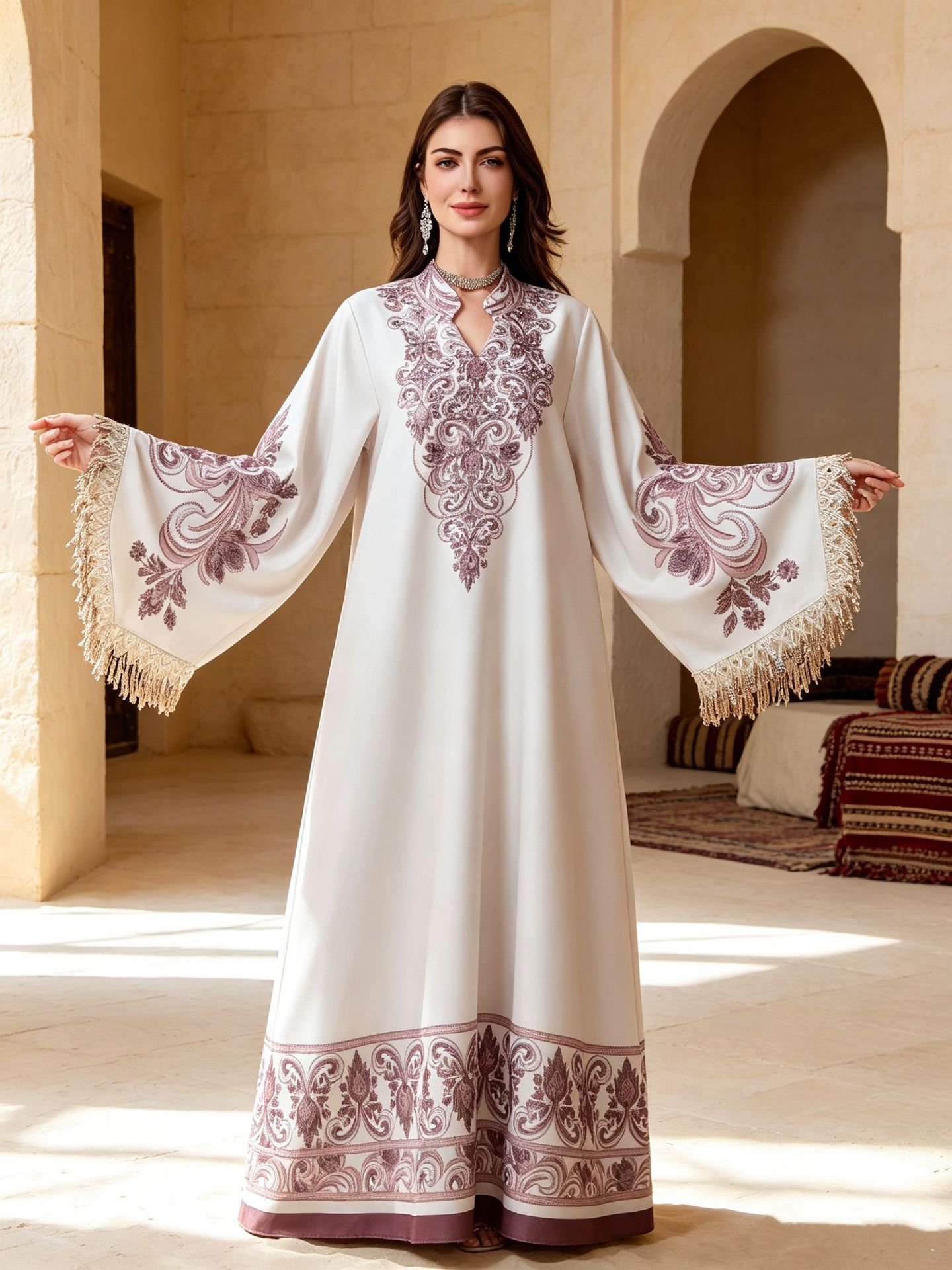 لباس عبایی چاپ شده با تزئینات کریستالی و جزئیات منگوله Printed Abaya Dress with Crystal Embellishment and Tassel Detail