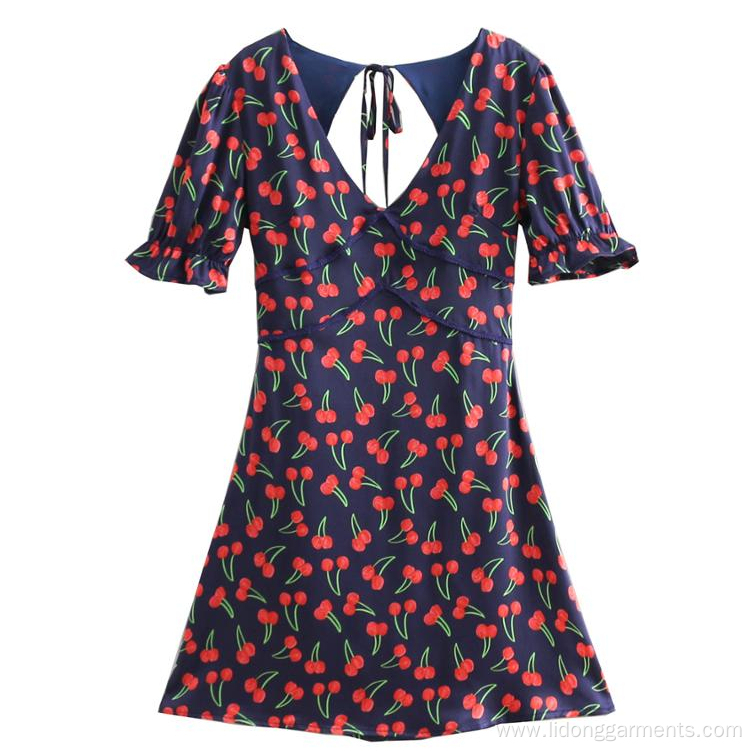 V-neck Bubble Sleeve Cherry Printed Backless dress