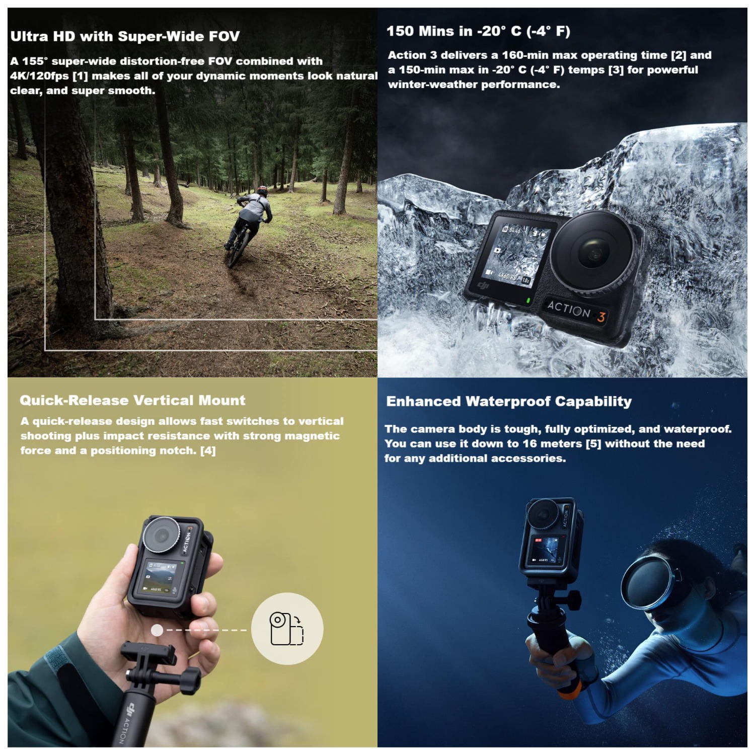 16m waterproof DJI Osmo Action 3 Standard Combo action camera with Quick-Release Vertical Mount