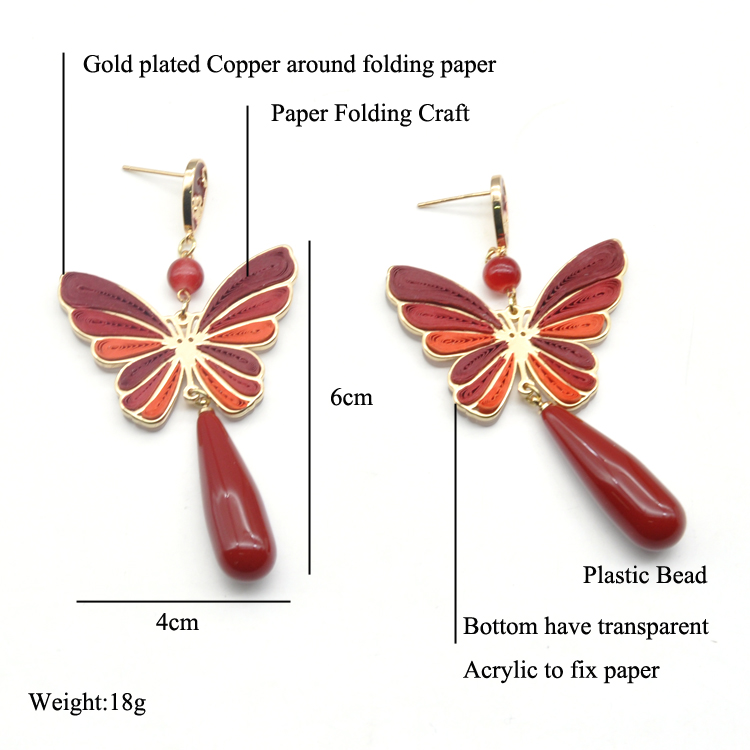 Newest Design red folding paper dangle ear jewelry luxury gold butterfly stud earrings