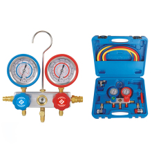 Affordable AC Manifold Gauge Set with Yellow, Red, and Blue Charging Hoses for R134a, R22, R404, and R407 Refrigerants