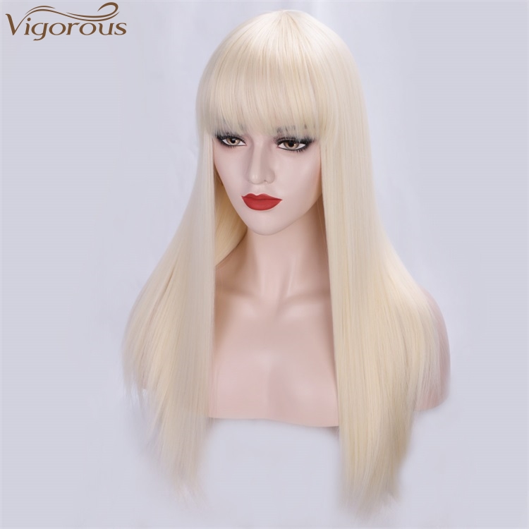 Vigorous High Temperature Long Straight with Bangs 613 Blonde Synthetic Hair Wigs for Women Daily Use Wholesale Price
