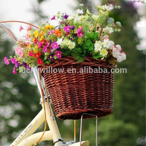 brown colored wicker bicycle bike basket in front bike