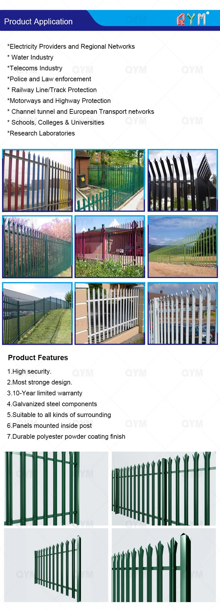 PVC Coated Metal Palisade Fence Security Steel Palisade Fence