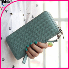 Retro woven leather zipper long Purse Hand Bag