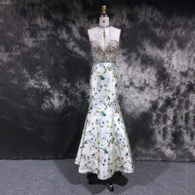 Printed Mermaid Sleeveless Beaded Halter Open Back Sweep Train Clothes Women