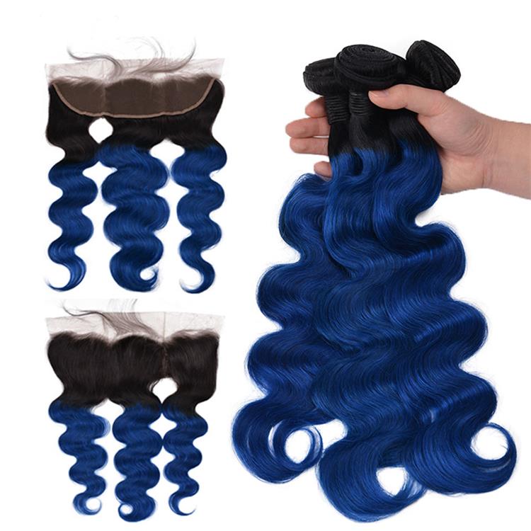 Ombre Remy Hair Brazilian Hair Extension Two Tone Color 1B/Blue Body Wave 13*4 Swiss Lace Frontal