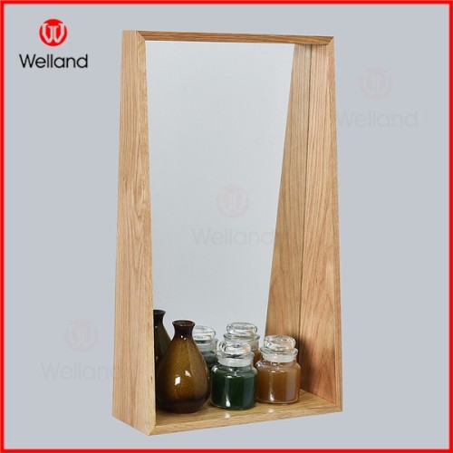 Oak Grain Decrative Wall Mounted Mirror with Wooden Shelf