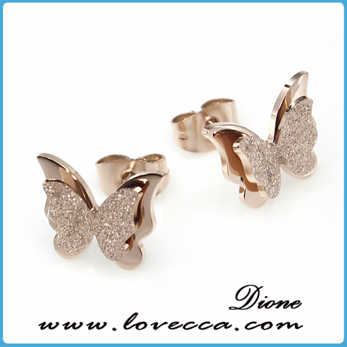 South Korean style Titanium Steel Earrings For Women Child Rose Gold Color Frosted Double Butterfly Stud Earrings