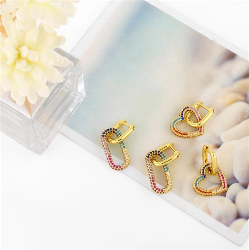 Wholesale Gold Heart Hoop Earrings Women CZ Cubic Zirconia Jewelry Gifts Multicolor Rectangle Huggie Earrings
