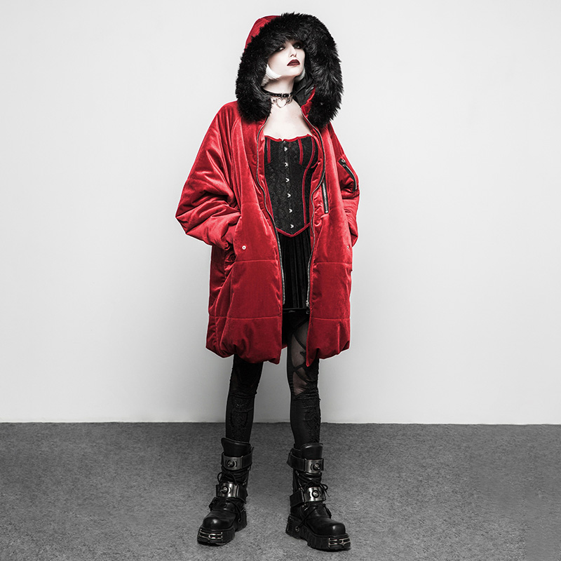 OPY-311 PUNK RAVE Medium Style Punk Velvet Coat red and black hoodie women coat