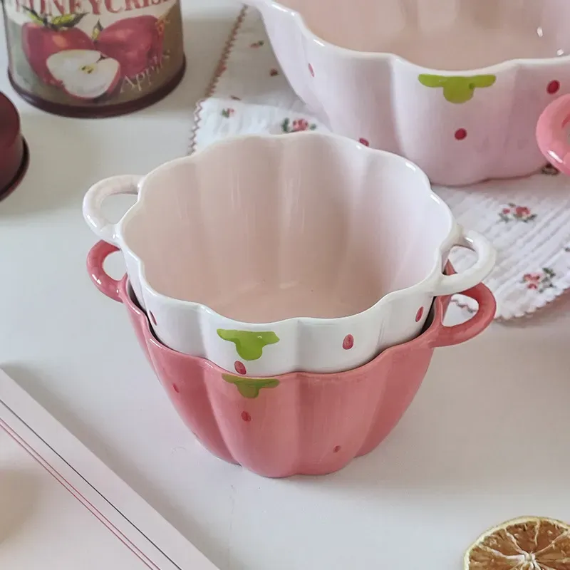 Cute Ceramic Double Ears Strawberry Petal Bowl