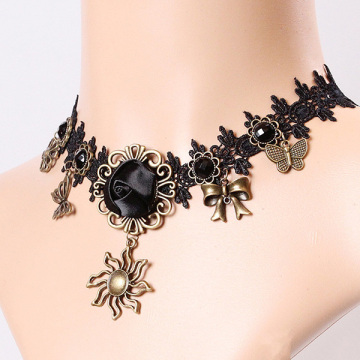 Vintage Lace Black Sun Rose Pendant Necklace