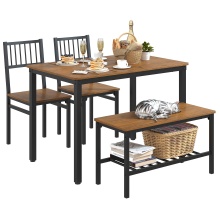 Industrial Style Space-Saving Dining Table Set with 2 Chairs and Bench, Including Wood Table Storage Rack for 4