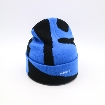Blue Black Winter Jacquard Knit Warm Beanie Hat