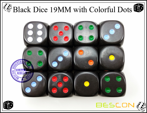 Schwarze Würfel 19MM mit bunten Punkten Black Dice 19MM with Colorful Dots