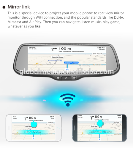 Mirror Link rear view mirror monitor with navigation app synchronization with IOS/Android device and backup camera display