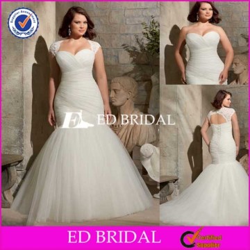 M2705 Big Size Mermaid Pleated Tulle Detachable Sleeve Wedding Gowns For Fat Bride