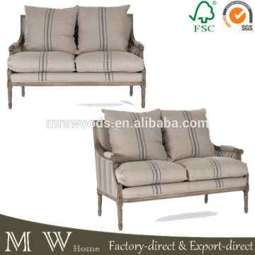 blue stripe linen oak wood loveseat, french upholstery oak wood loveseat, oak wood loveseat