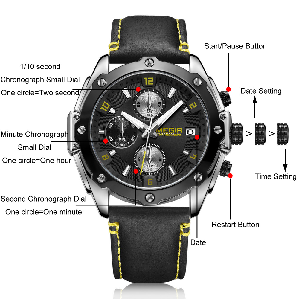 MEGIR 2074 Men Quartz Movement Wristwatches Fashion&Casual Auto Date Leather Band Alloy Case