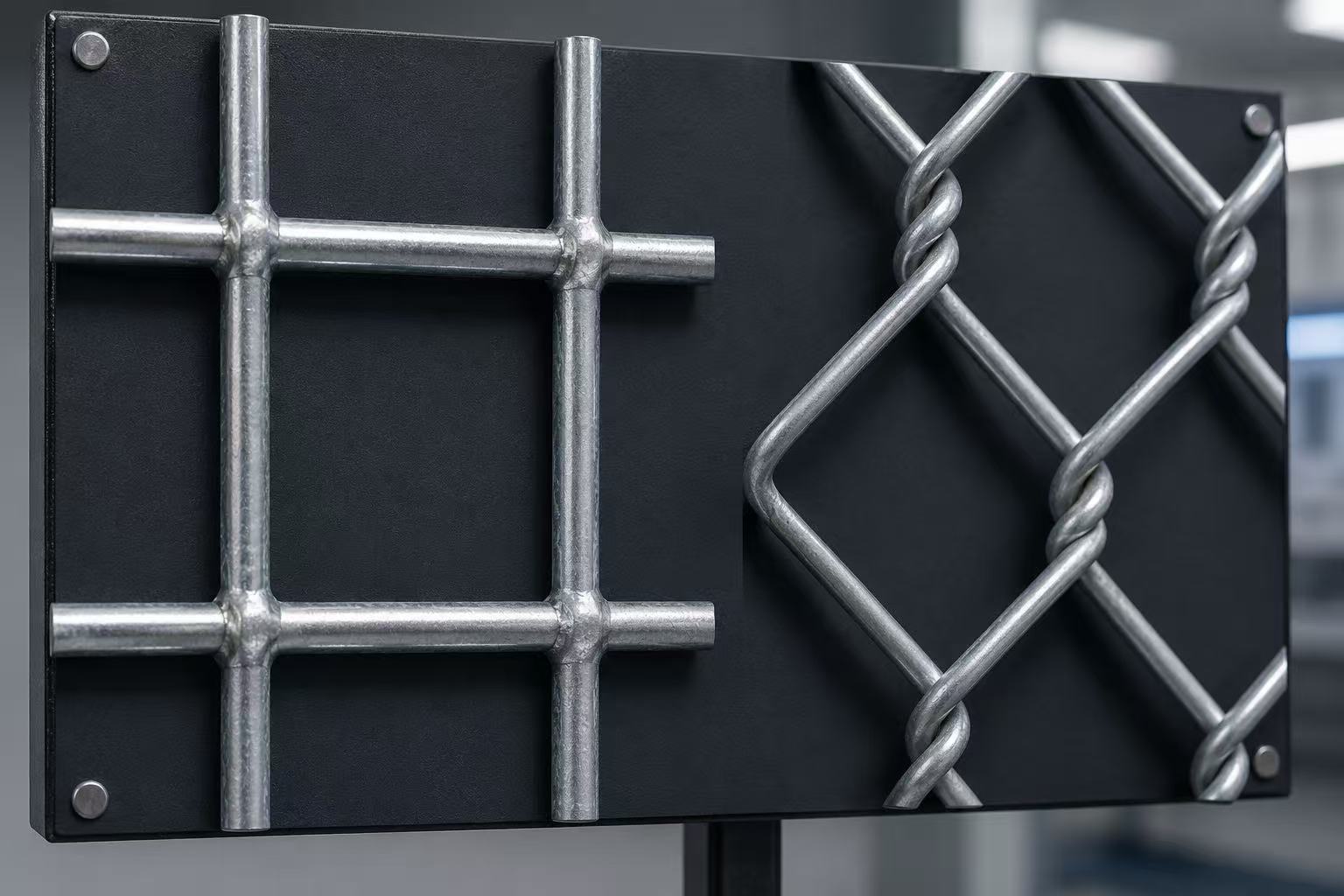 Gruppo ANJIA - Confronto tecnico dei dettagli della giunzione della rete saldata e della torsione della maglia della catena ANJIA Group – Close-up comparison of welded mesh resistance-welded intersection versus chain link twisted wire junction