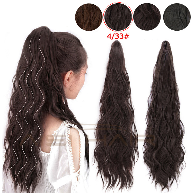 Aisi Hair Heat Resistant Fiber Long Wavy Dark Brown Claw On Ponytail Hair Extensions Claw Pony Tail Synthetic Hairpiece