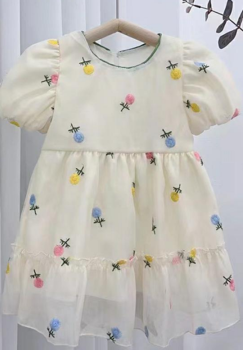 Flower Hafdery Puff Rleeves Baby Girl Dress