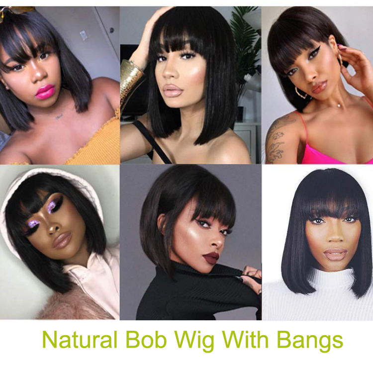 8 10 12 14 Short Human Hair Lace Closure Wigs With Bangs, Brazilian Straight Hair Bob Lace Wig With Front Fringe Bangs