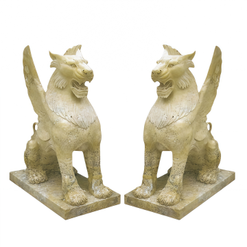 Grandiose Presence Mythical Winged Lion Marble Sculptures