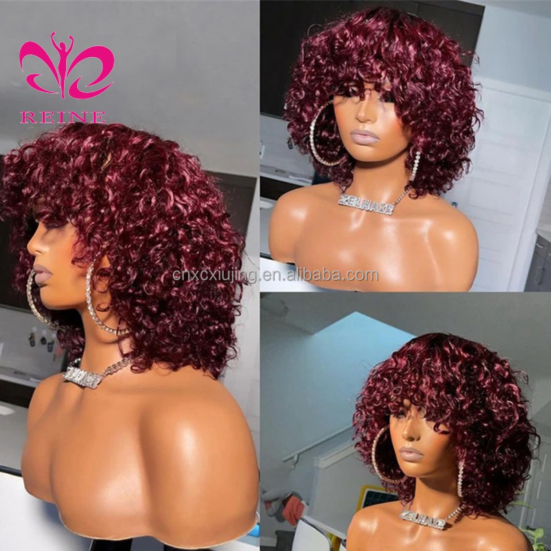 99J Short Bob Curly Wig for Women Burgundy Colored Bouncy Curly Human Hair Wigs with Bangs Full Machine Made Brazilian Remy Hair