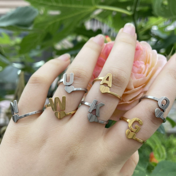 Non Tarnish 18K Silver Plated Stainless Steel Heart Alphabet Ring - 26 Letters Initial Jewelry for Women