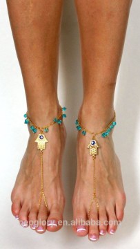 Gold Tone Fatima Hand Charm with crystal beads Anklet with Toe Ring Beach Wearing