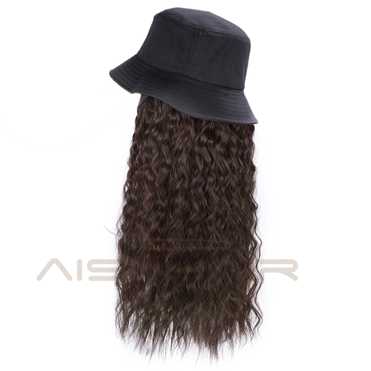 Aisi Hair Knit Slouchy Party Hat Long Water Wave Outdoor Hat Synthetic Dark Brown Fiber Hair Extension With Black Cap For Women