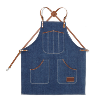 Barista apron, adult bib denim apron with criss back leather straps