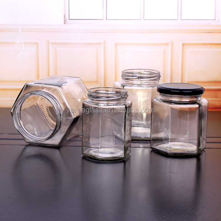 glass hexagonal storage jar 400ml stocked jam jars