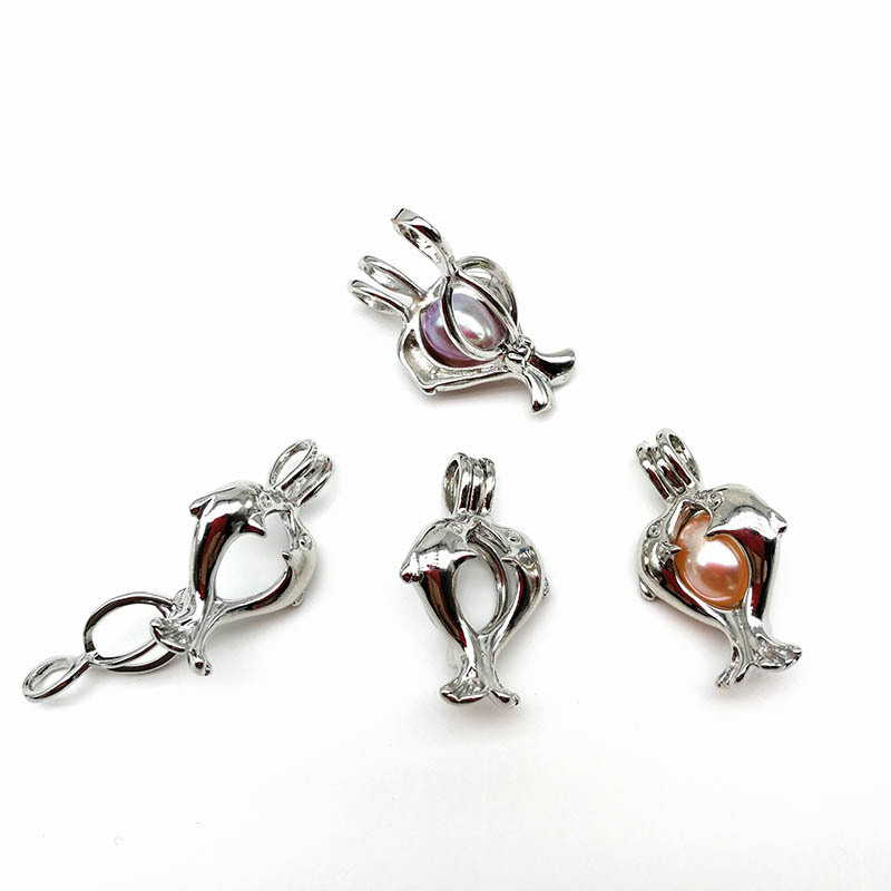 Double Dolphin Cage Pendant With Pearl Beads