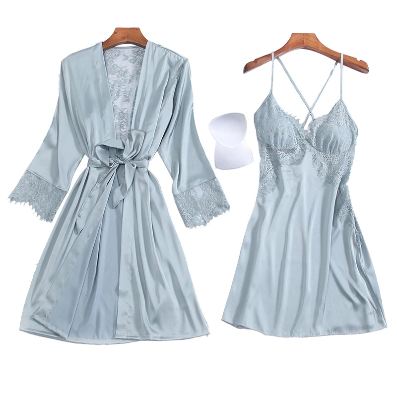 Good Quantity Silk Ladies' Sexy Nightgown with Breast Pad and Backless Hollow Dress Set