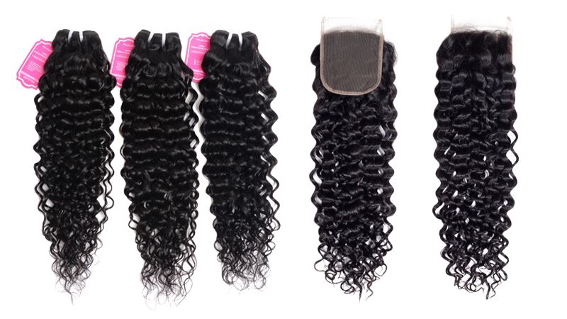 Peruvian  human hair bundles with closure deep wave hair extension unprocessed natural color 4x4 lace closure with 3 bundles