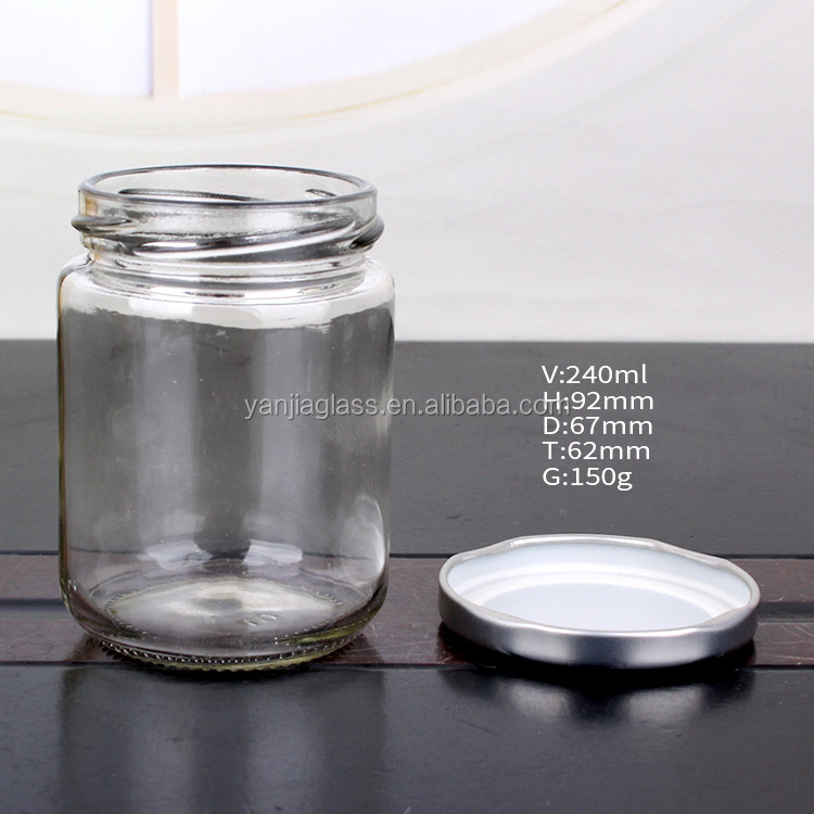 Round clear glass storage 240ml honey jam pickle jars with lid