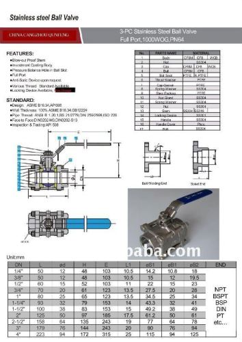 3-pc screwed ball valve full bore 1000PSI