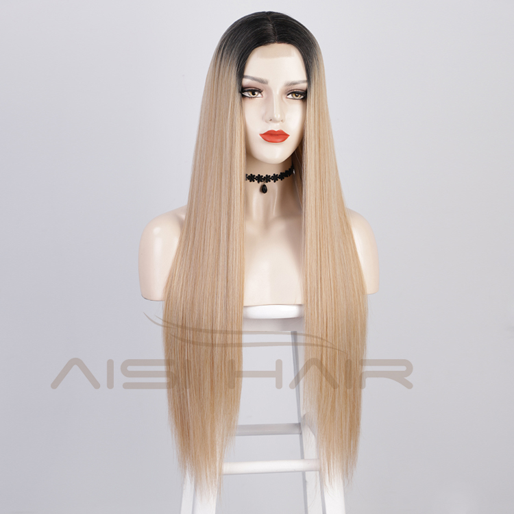 Aisi Hair 26 Inch Long Ombre Blonde Dark Root Lace Wig Cheap Silky Straight Synthetic Hair Lace Front Wigs For Black Women