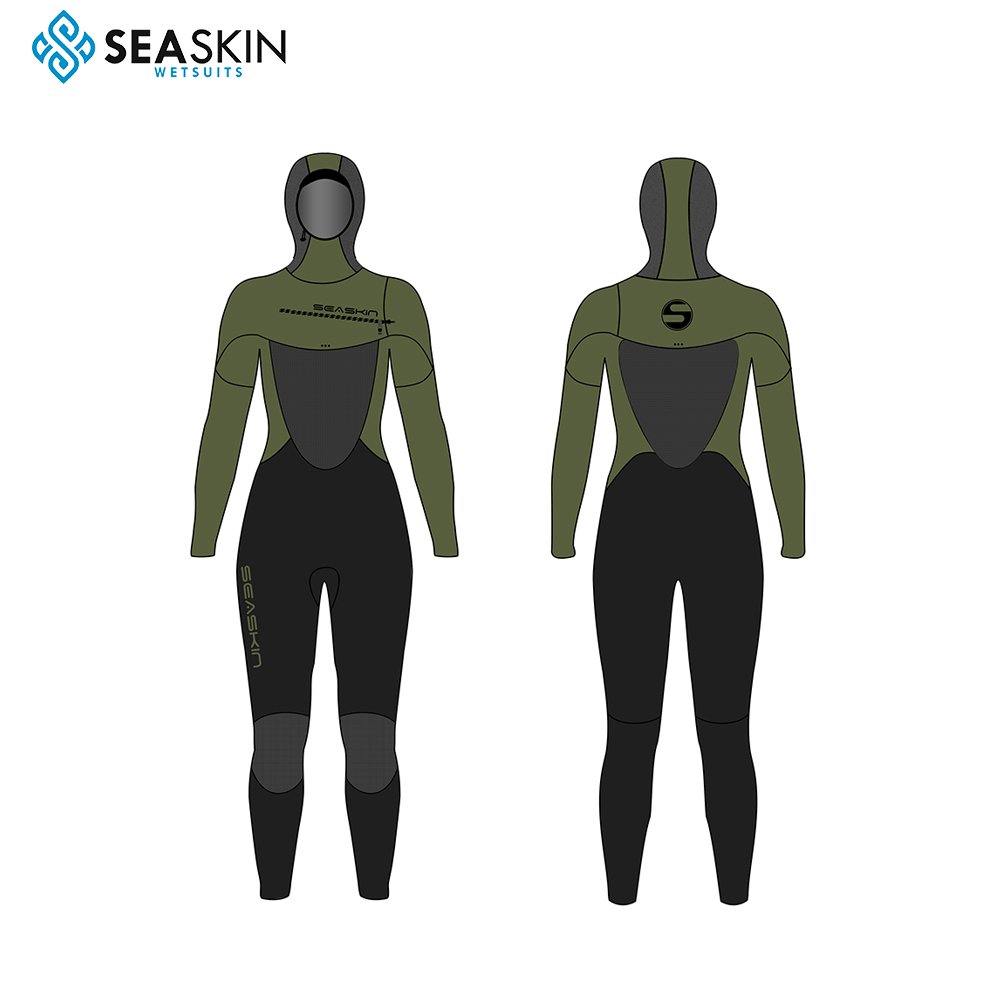 Seasin 5/4mm Women Chest Zip Hooded Lim och Blind Sewing Waterproof Full Suit Wetsuit