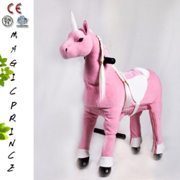 Chinese wholesale plush toy mechanical horse on four wheel children ride on toy pink unicorn/kids ride on toy/Ride on animal toy