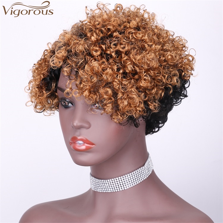 Vigorous Top Quality Ombre Black Roots To Brown Afro Kinky Curly Wigs for Black Women Short Side Part Human Hair Wholesale Price