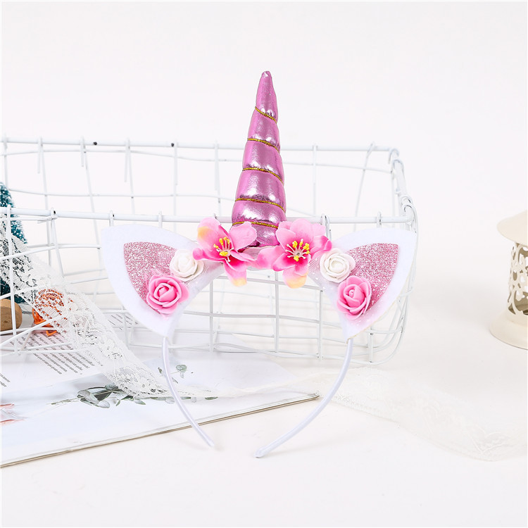 Amazon Top Selling Wholesale Cute Design Unicorn Horn Headband With Artificial Flower